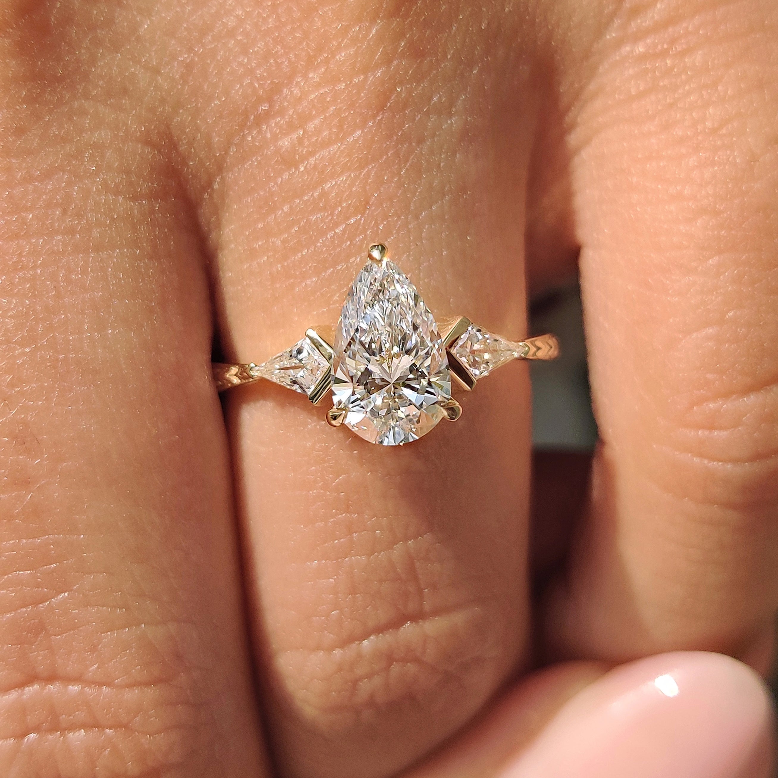 Pear and Kite Cut Three Diamond Ring with Art Deco Band