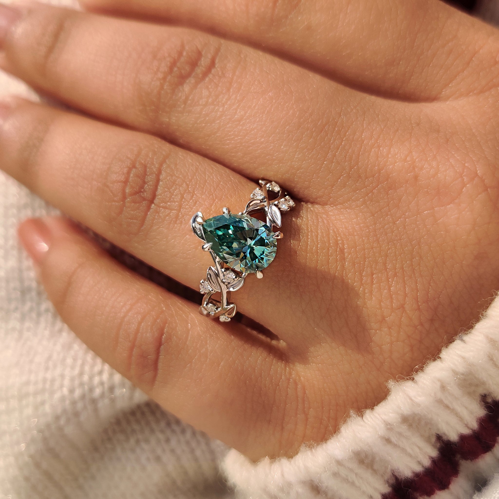 Cyan Blue Moissanite Pear Nature inspired Ring with Leaf Design Secondary image