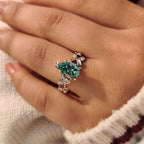 Cyan Blue Moissanite Pear Nature inspired Ring with Leaf Design