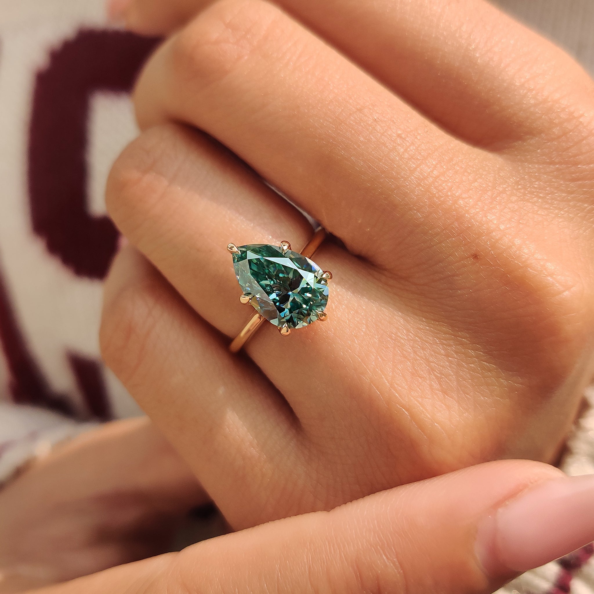 Cyan Blue Pear Cut Moissanite Ring in Solitaire Style Secondary image