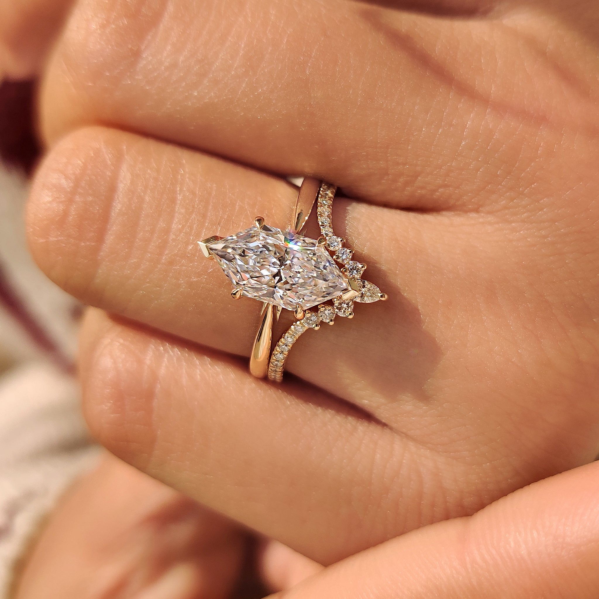 Dutch Marquise Solitaire Ring with Wedding Band in Curved Style