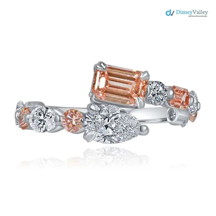 Pink Emerald & Pear Lab Grown Diamond Bypass wedding Ring - DisneyValley