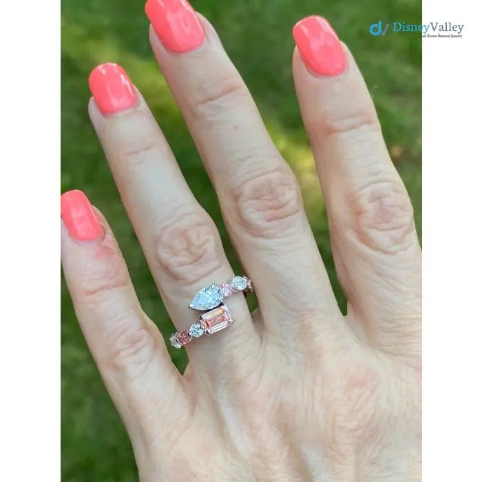 Pink Emerald & Pear Lab Grown Diamond Bypass wedding Ring - DisneyValley