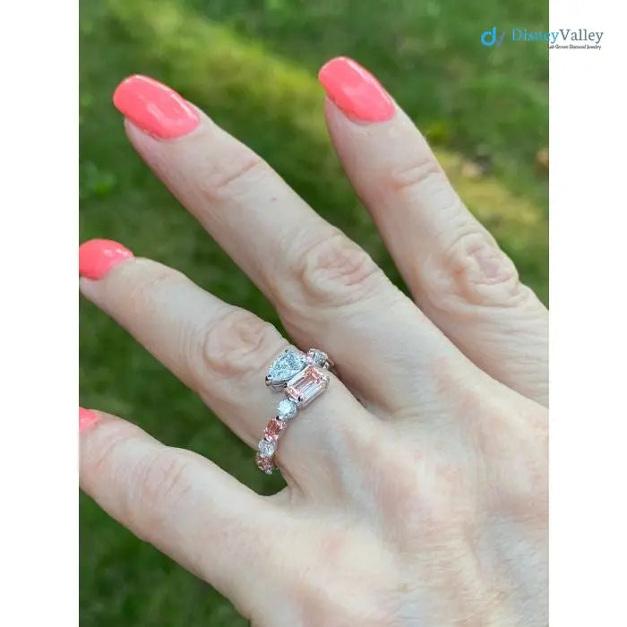 Pink Emerald & Pear Lab Grown Diamond Bypass wedding Ring - DisneyValley