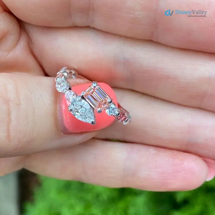 Pink Emerald & Pear Lab Grown Diamond Bypass wedding Ring - DisneyValley