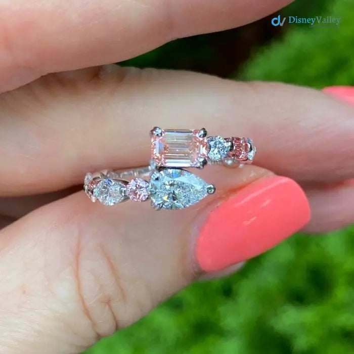 Pink Emerald & Pear Lab Grown Diamond Bypass wedding Ring - DisneyValley