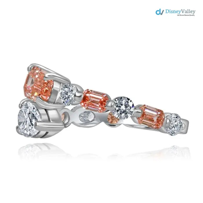 Pink Emerald & Pear Lab Grown Diamond Bypass wedding Ring - DisneyValley