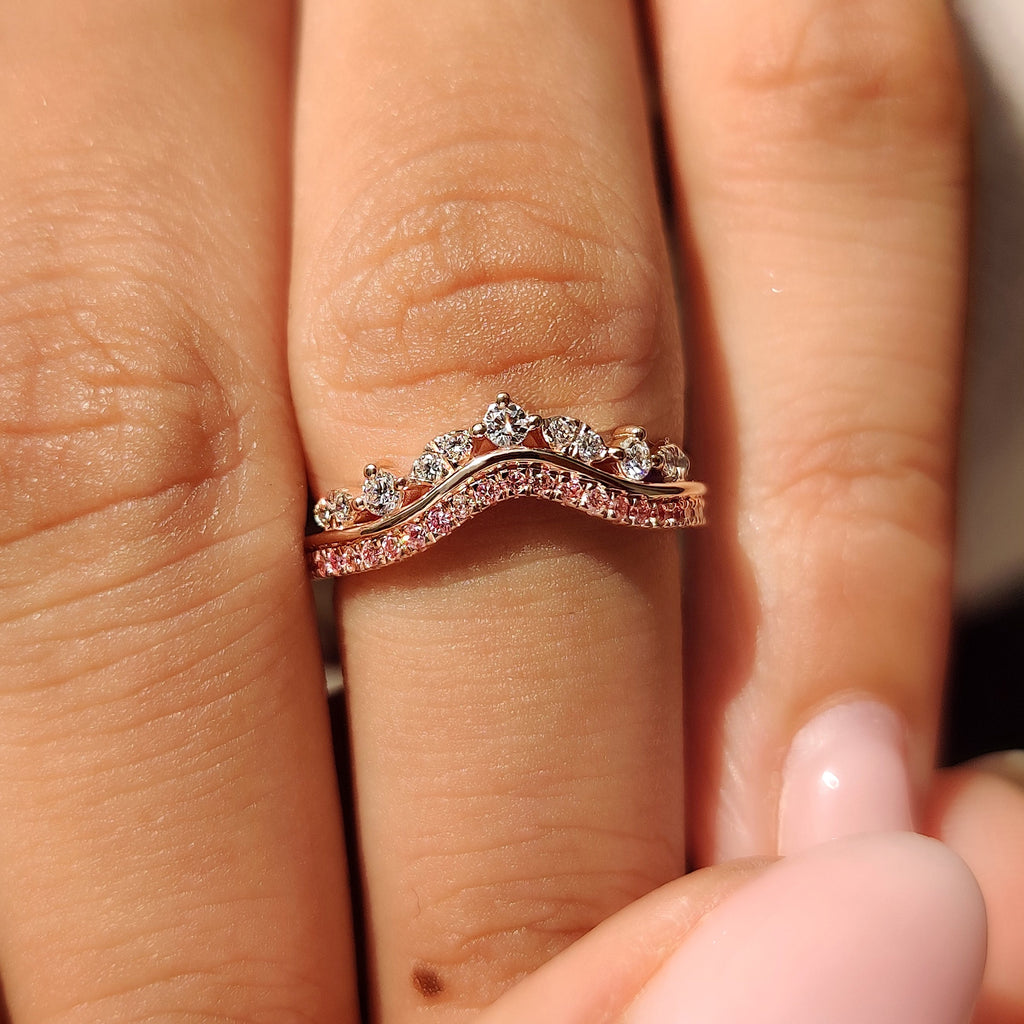 Pink Round Diamond Tiara Wedding Band In 3/4 Eternity Style