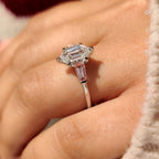 Hexagon Cut Three Stone Engagement Ring with Pink Side Stone
