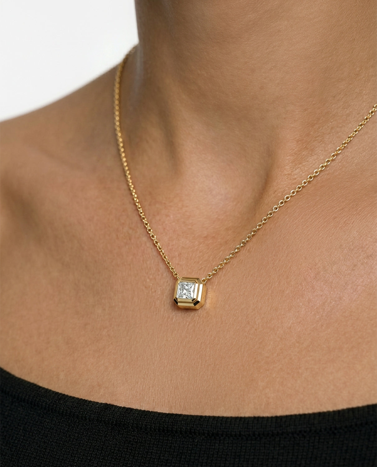 LODE Solitaire Bezel Set Floating Princess Cut Diamond Pendant Necklace