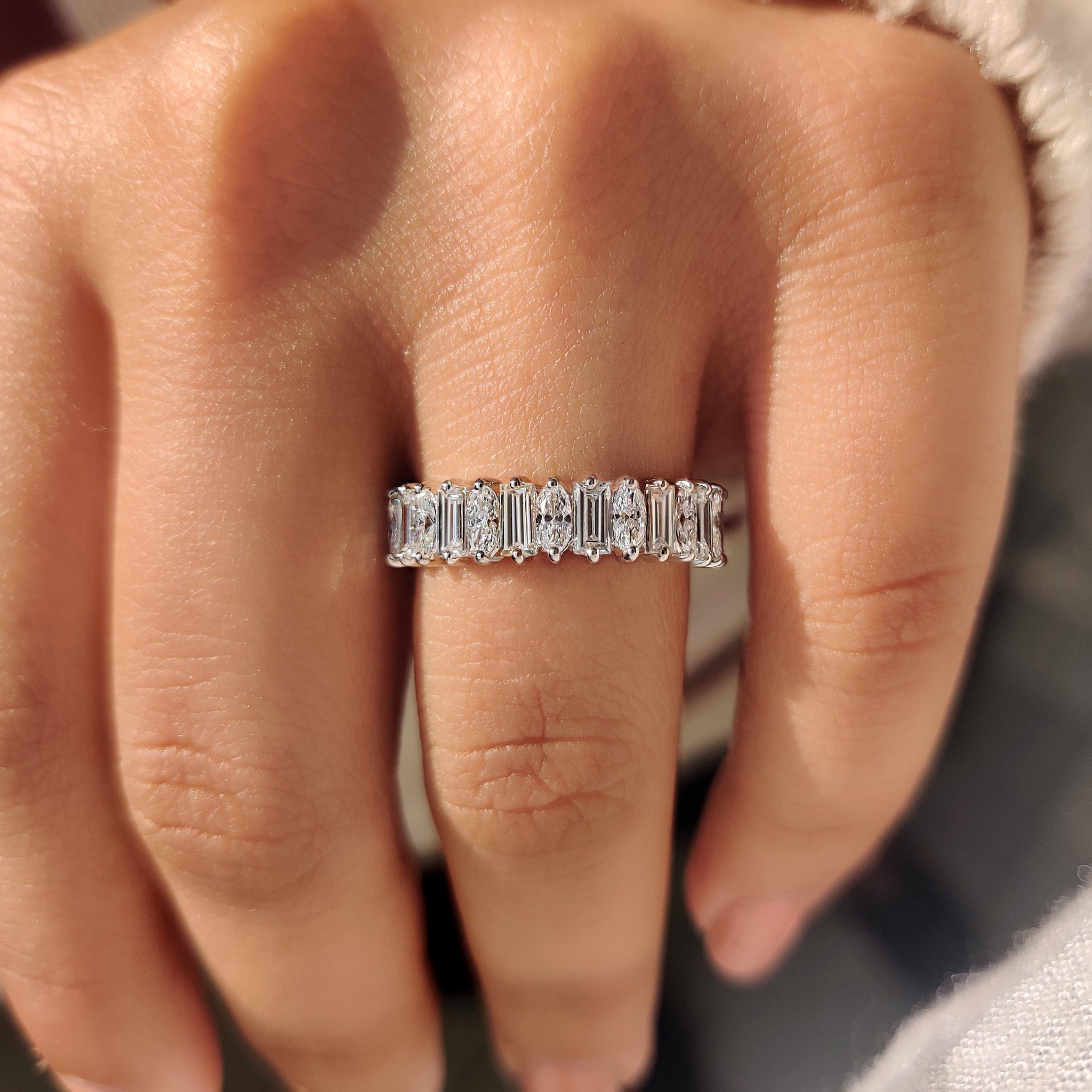 Baguette and Oval Half Eternity Band in Tapered Shank