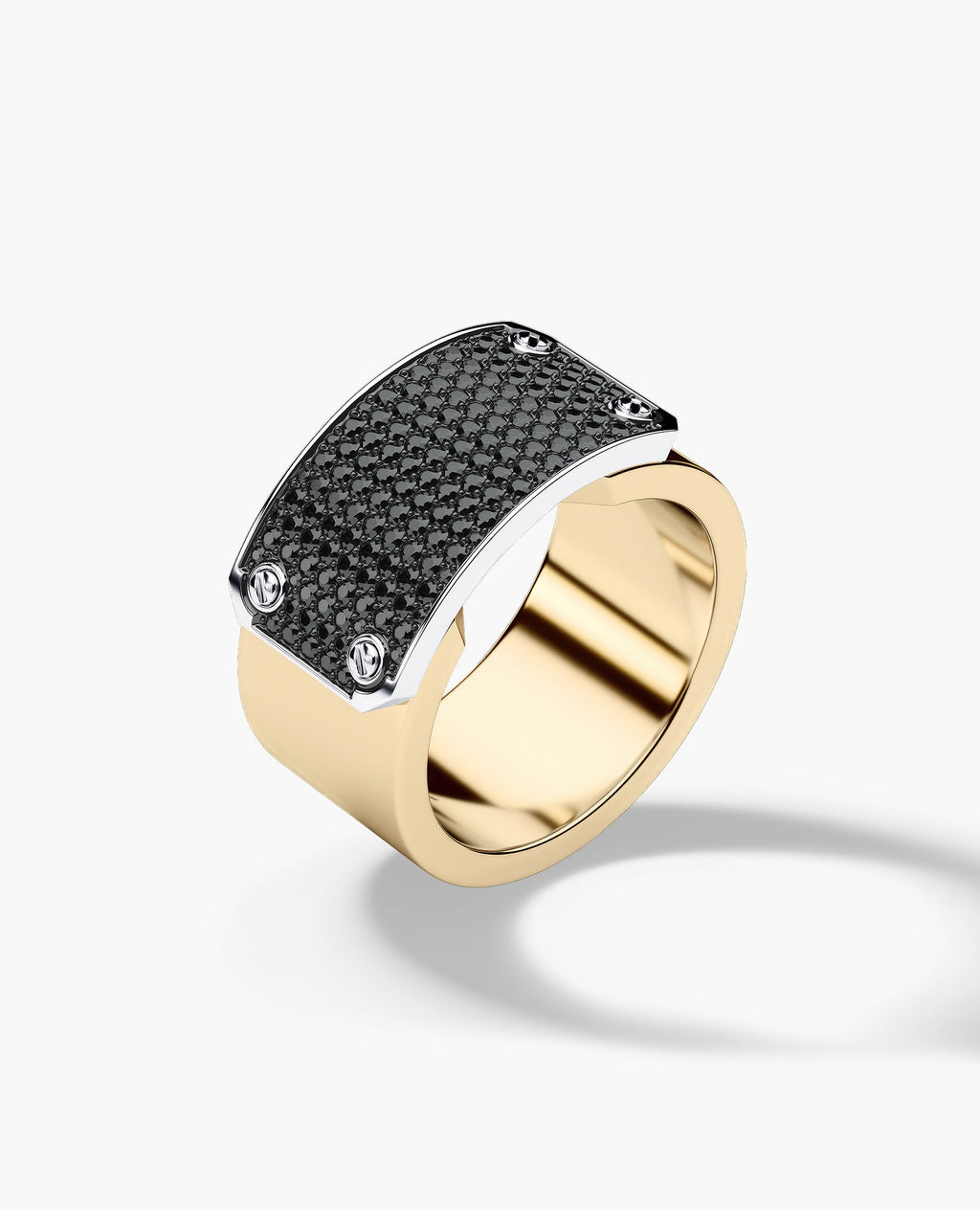 DONLIN Two-Tone Gold Ring with Plate and 0.90ct Black Diamonds - Wide Version