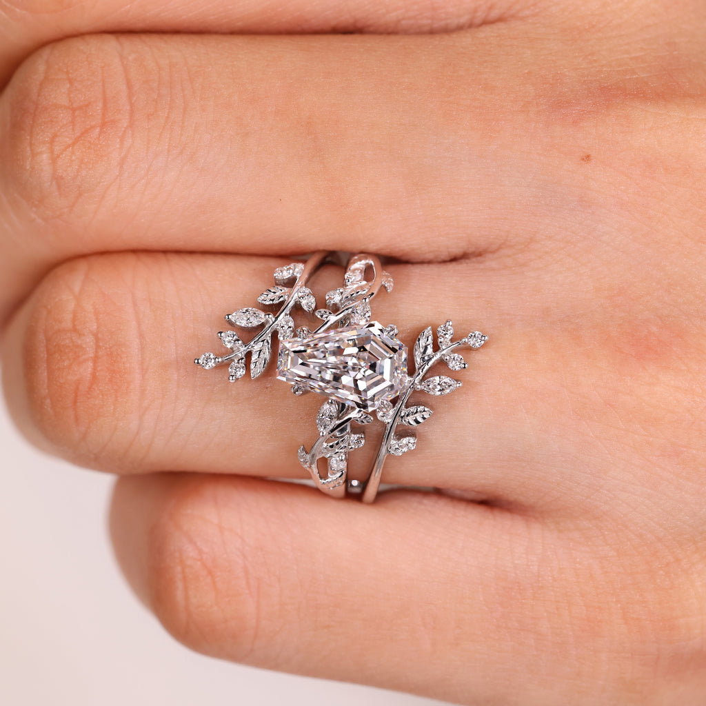 Nature Inspired Coffin Wedding Ring with Leaf Wrap Guard Band
