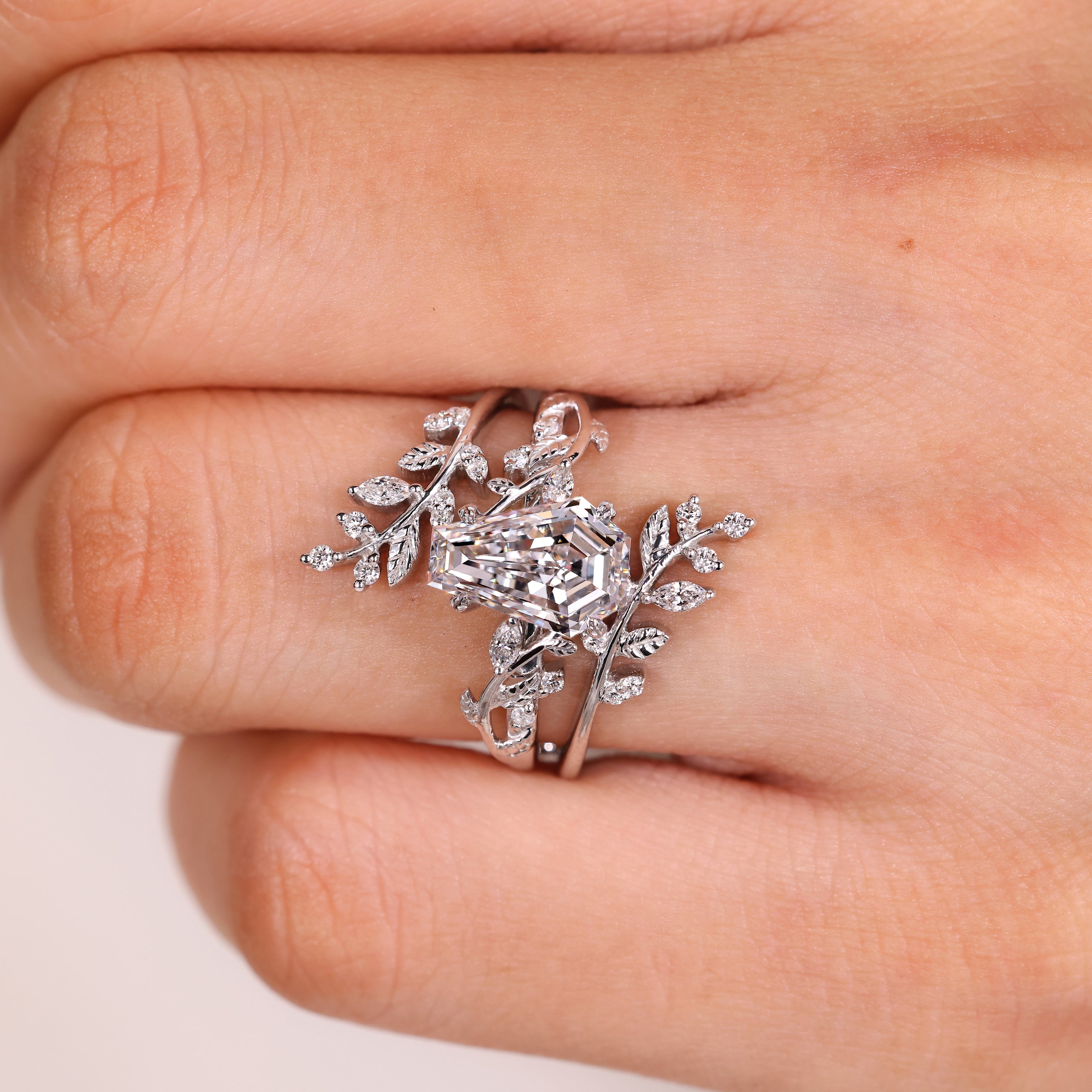 Nature Inspired Coffin Wedding Ring with Leaf Wrap Guard Band