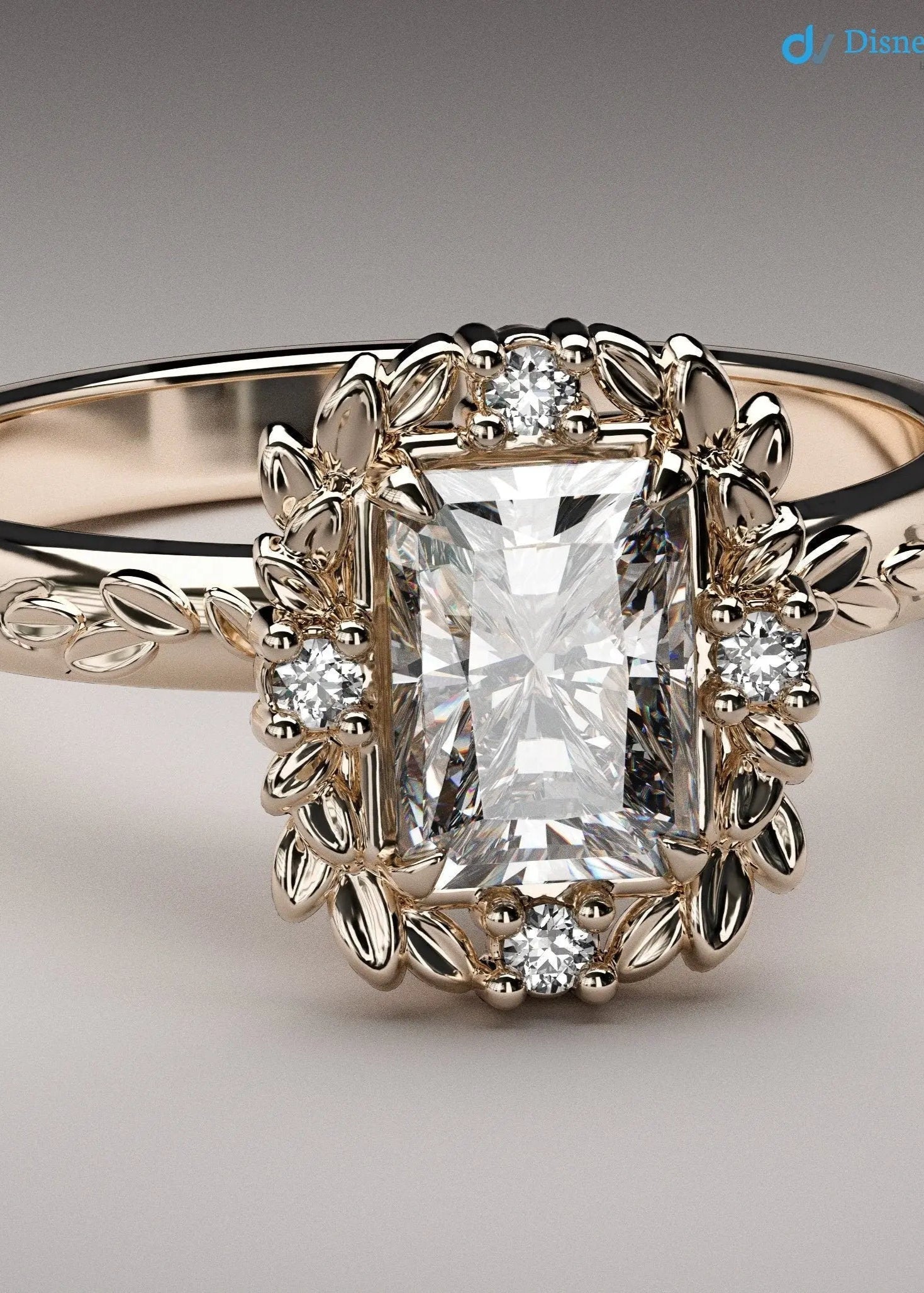 Radiant cut Victorian inspired lab grown halo with leaves wedding ring - DisneyValley