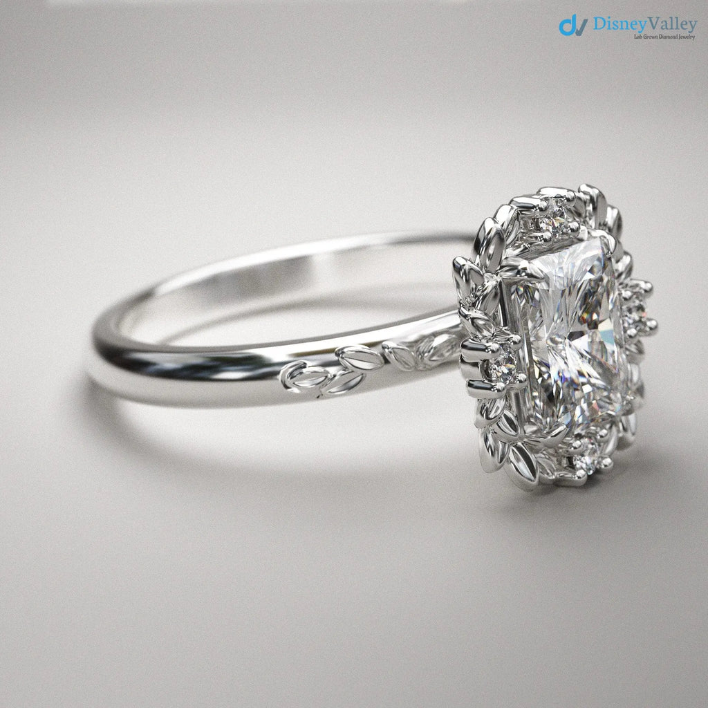 Radiant cut Victorian inspired lab grown halo with leaves wedding ring - DisneyValley