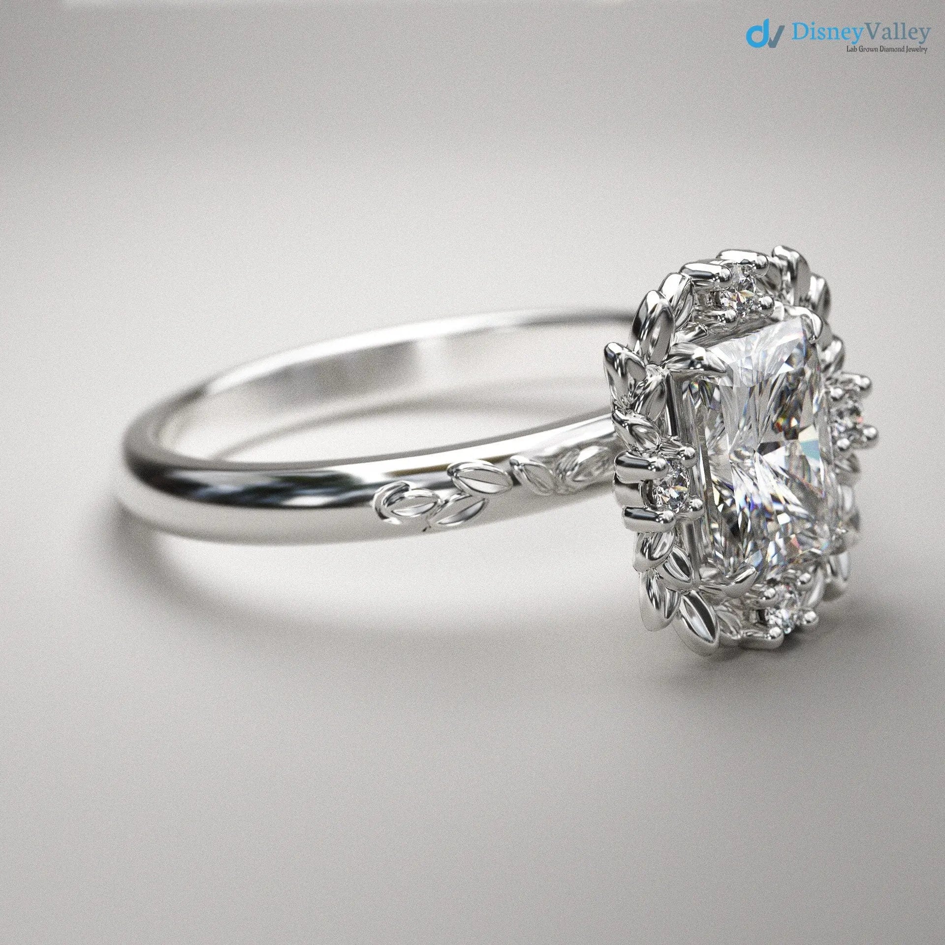 Radiant cut Victorian inspired lab grown halo with leaves wedding ring - DisneyValley