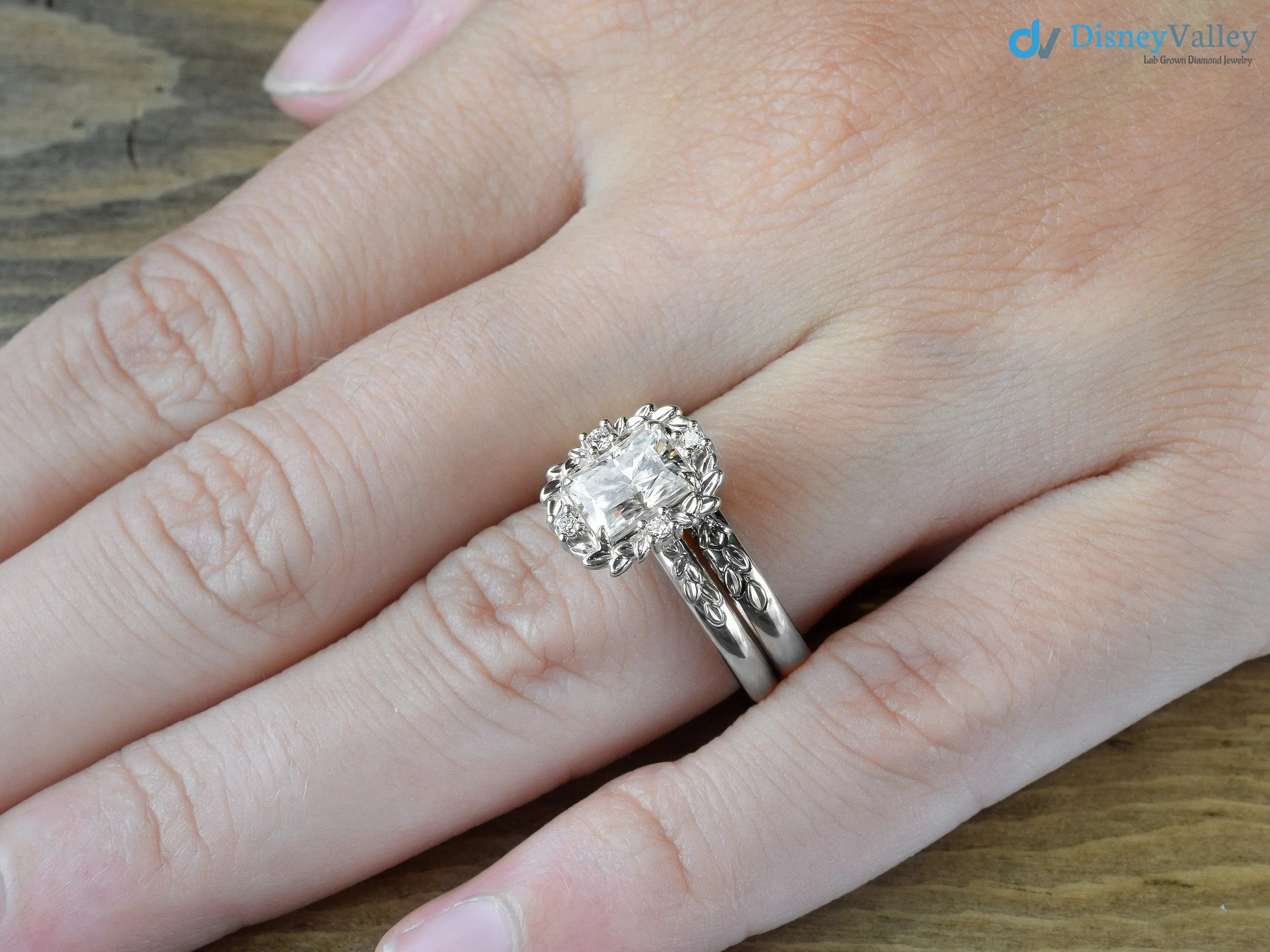 Radiant cut Victorian inspired lab grown halo with leaves wedding ring - DisneyValley