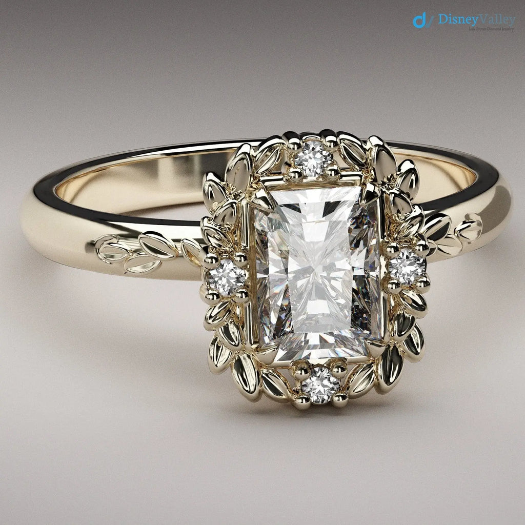 Radiant cut Victorian inspired lab grown halo with leaves wedding ring - DisneyValley