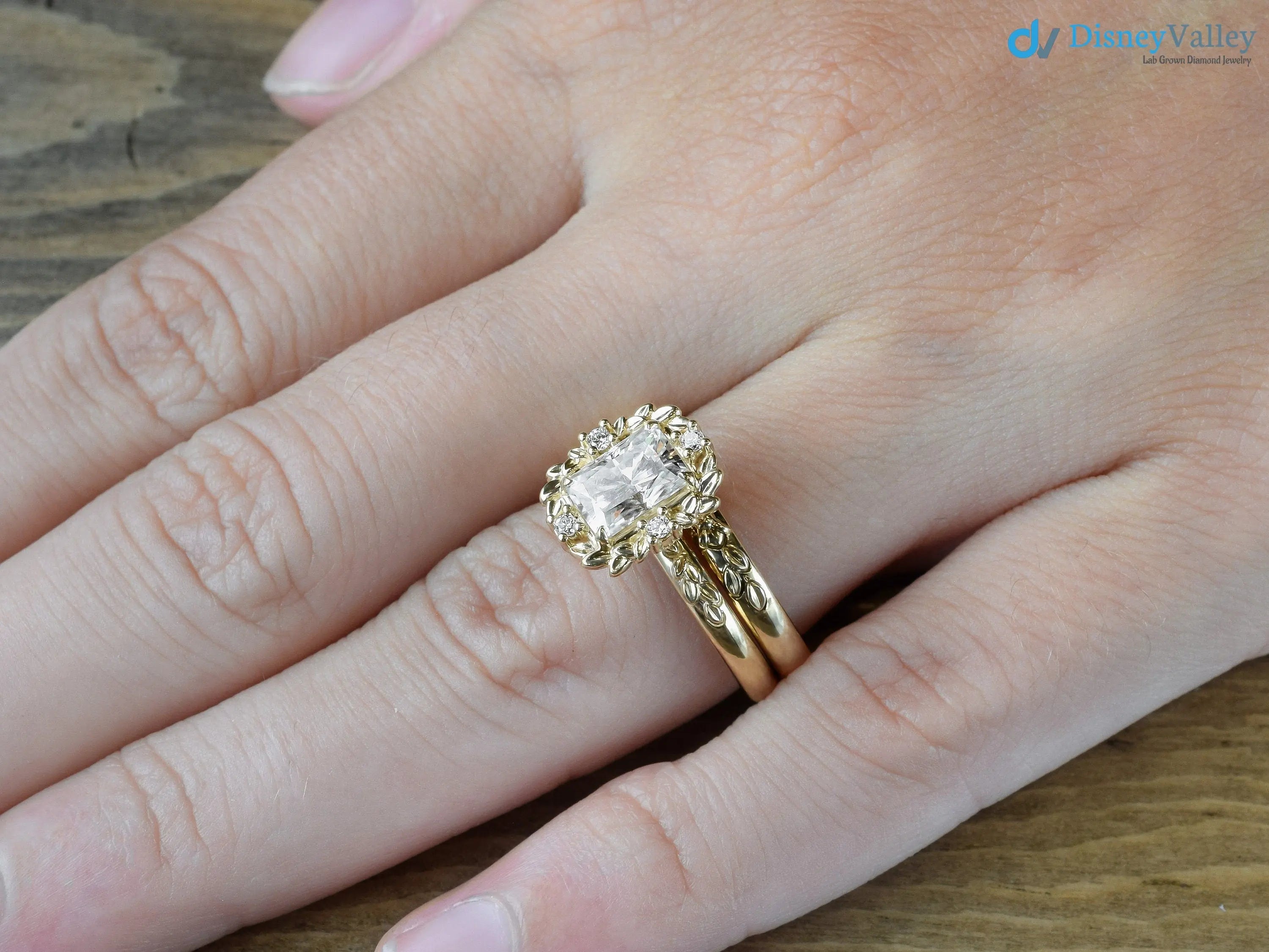 Radiant cut Victorian inspired lab grown halo with leaves wedding ring - DisneyValley