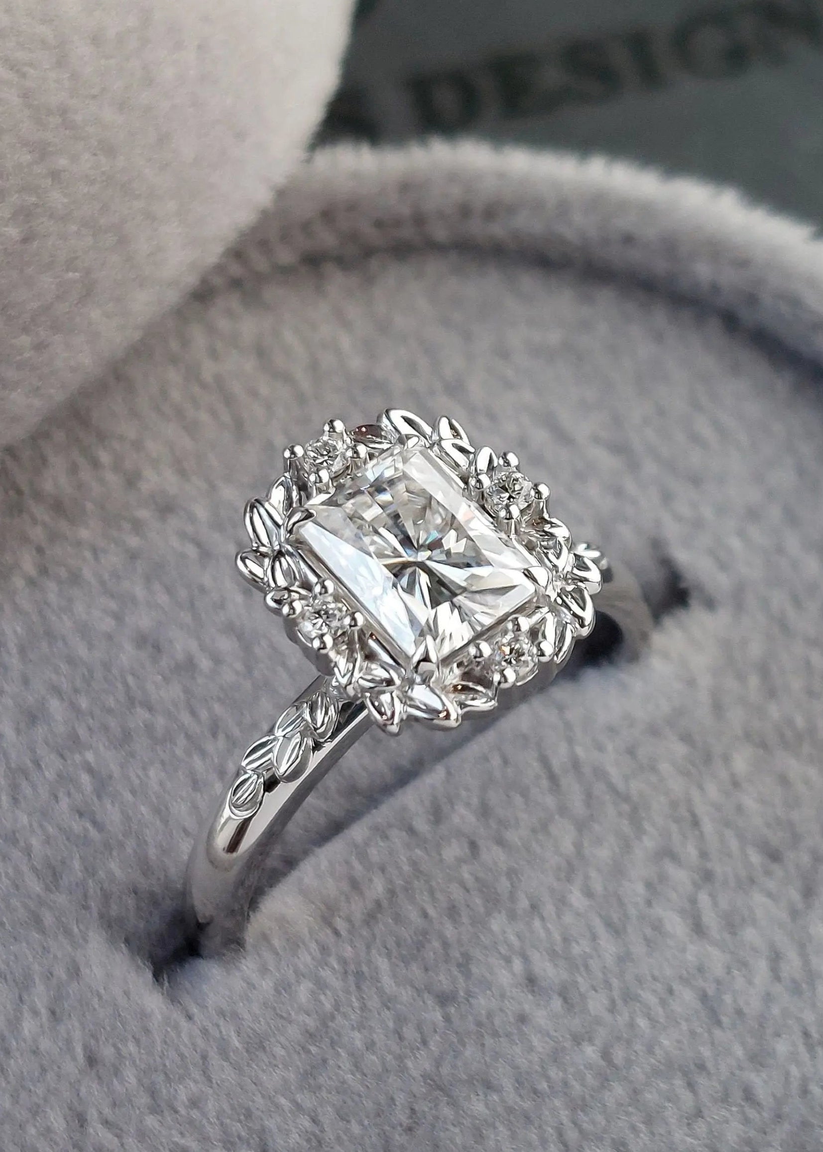 Radiant cut Victorian inspired lab grown halo with leaves wedding ring - DisneyValley Main image