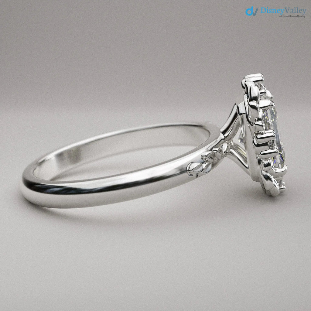 Radiant cut Victorian inspired lab grown halo with leaves wedding ring - DisneyValley