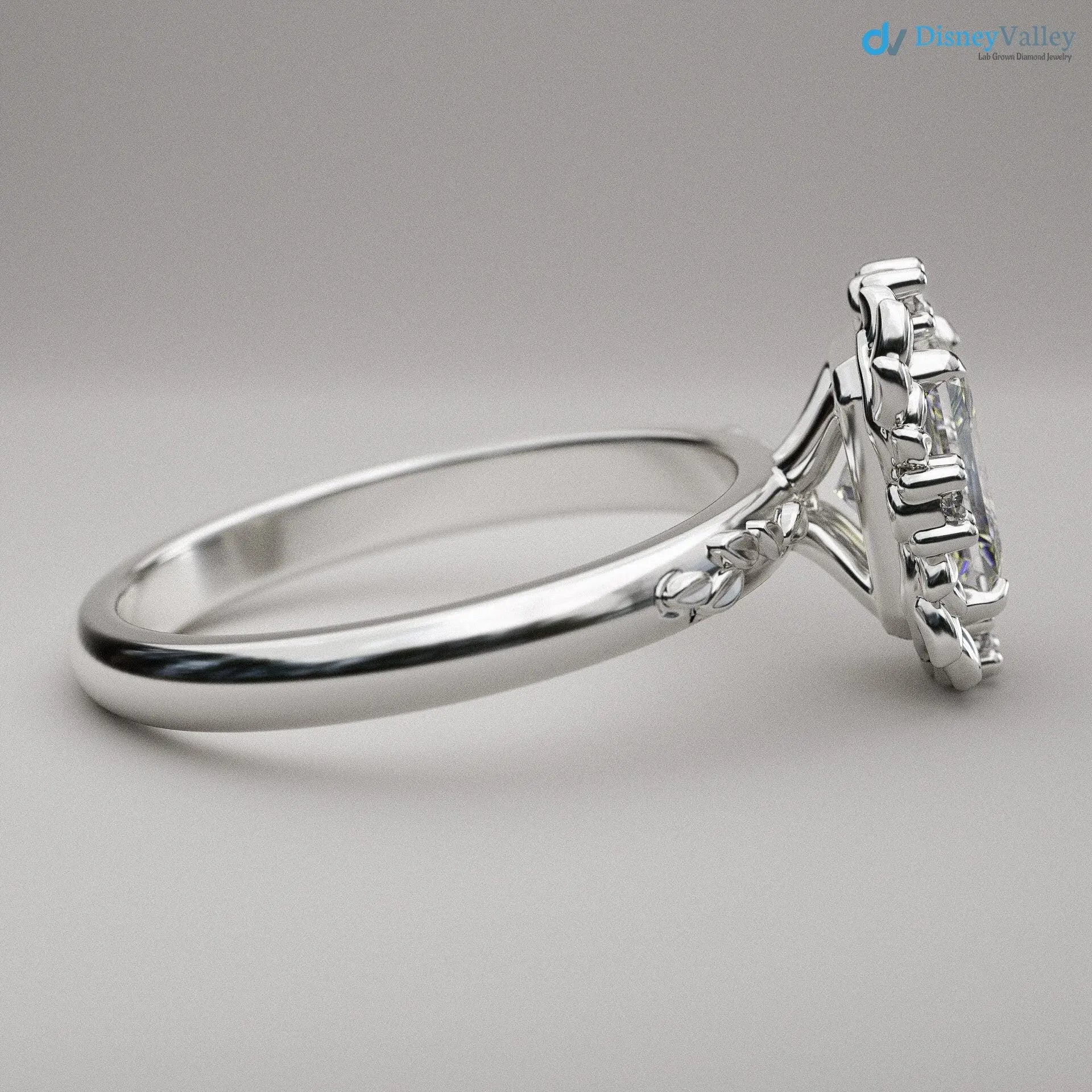 Radiant cut Victorian inspired lab grown halo with leaves wedding ring - DisneyValley