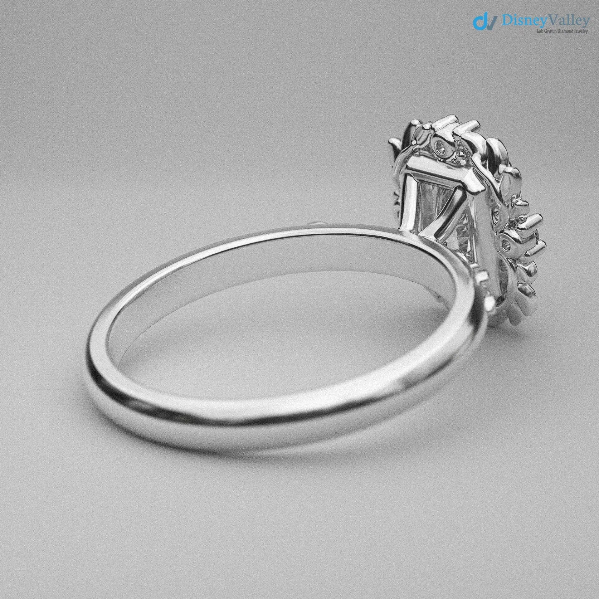 Radiant cut Victorian inspired lab grown halo with leaves wedding ring - DisneyValley