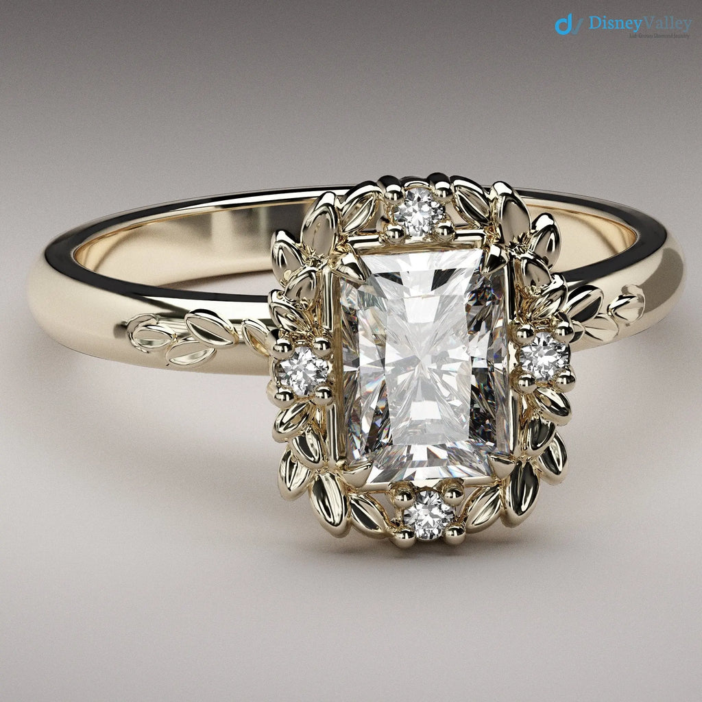 Radiant cut Victorian inspired lab grown halo with leaves wedding ring - DisneyValley