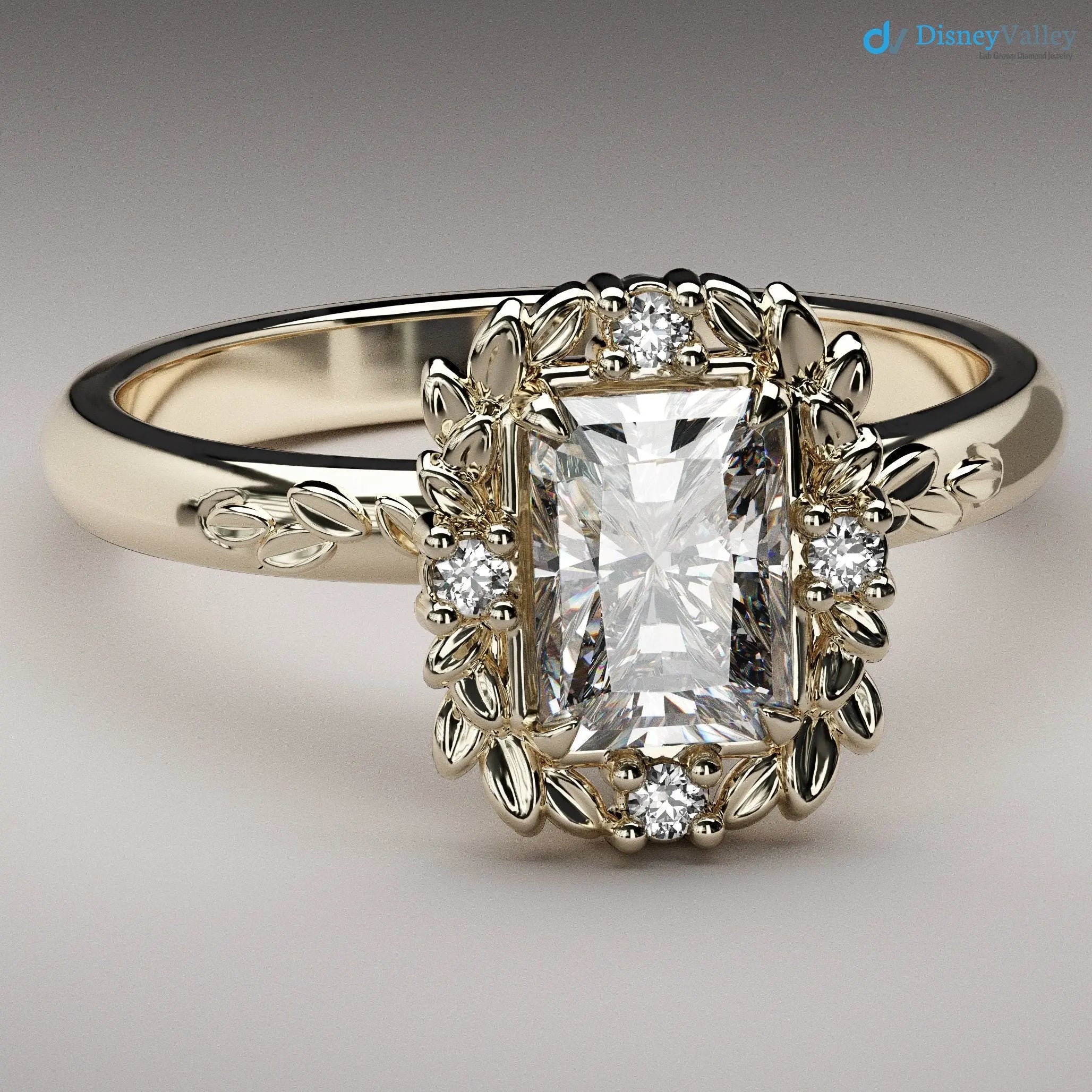 Radiant cut Victorian inspired lab grown halo with leaves wedding ring - DisneyValley