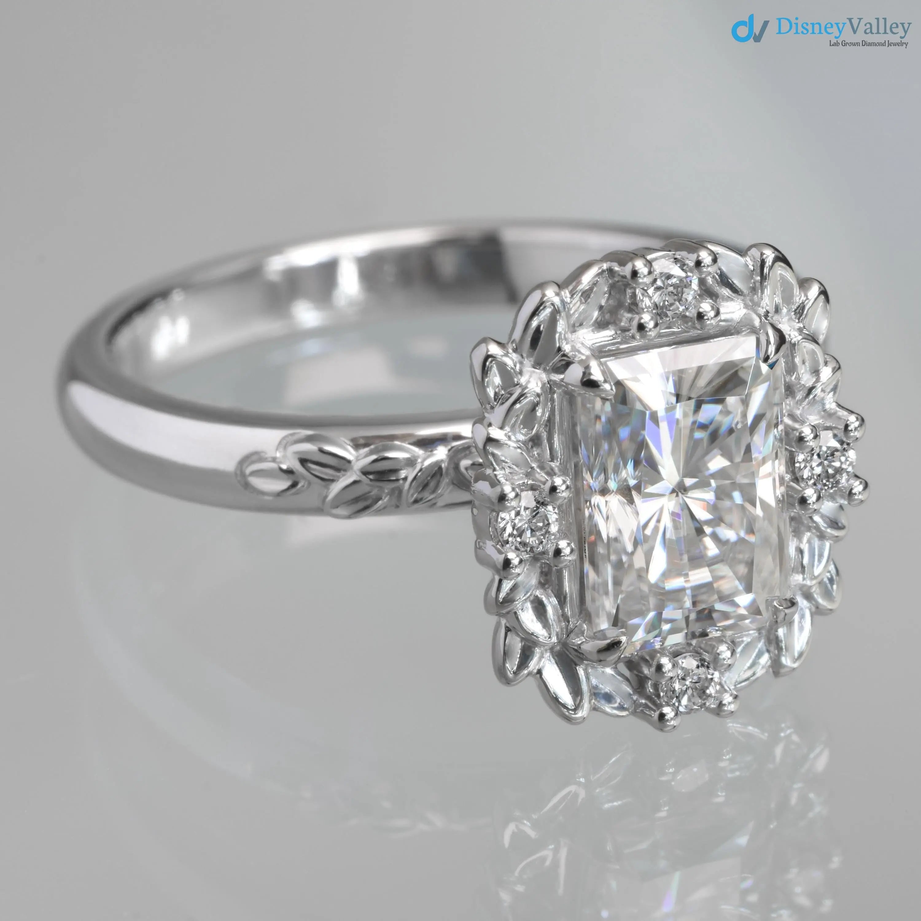 Radiant cut Victorian inspired lab grown halo with leaves wedding ring - DisneyValley