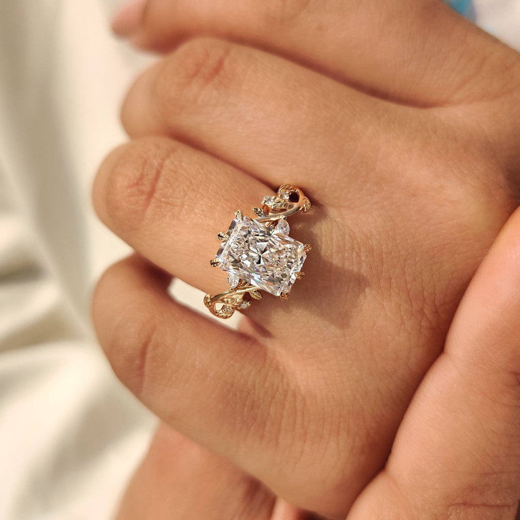 Radiant Cut Nature Inspired Engagement Ring with Leaf Style Prong