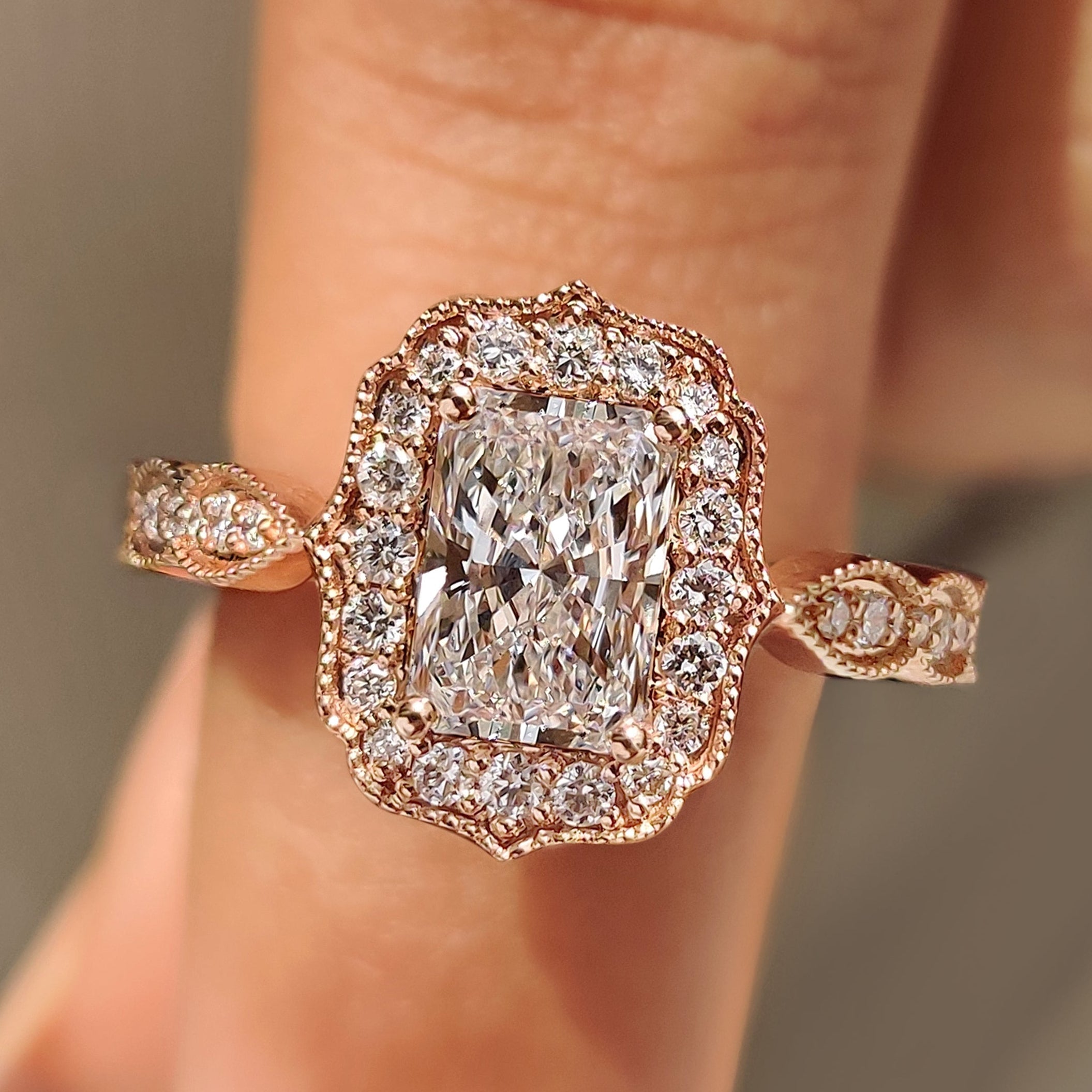Radiant Cut Diamond Ring in Milgrain Vintage Style Main image