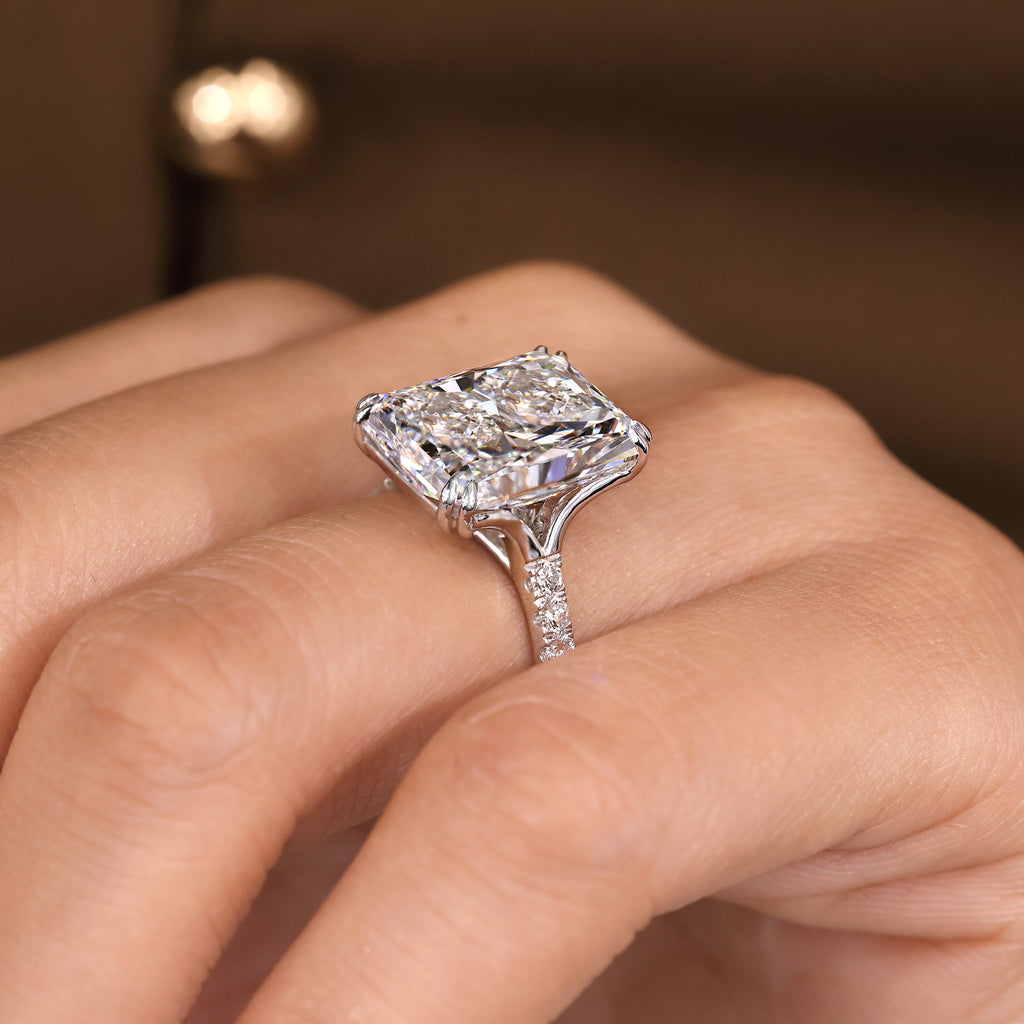 IGI Certified 10 - 12 Carat Radiant Cut Diamond Ring in Trellis Setting