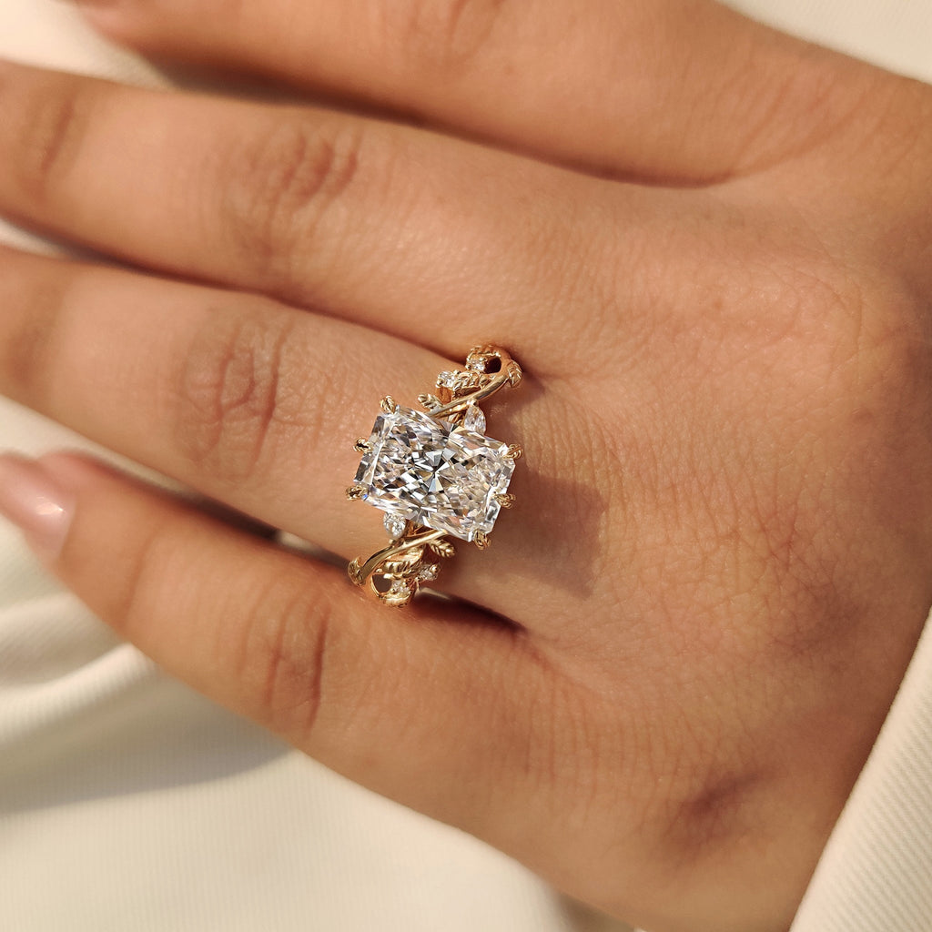 Radiant Cut Nature Inspired Engagement Ring with Leaf Style Prong