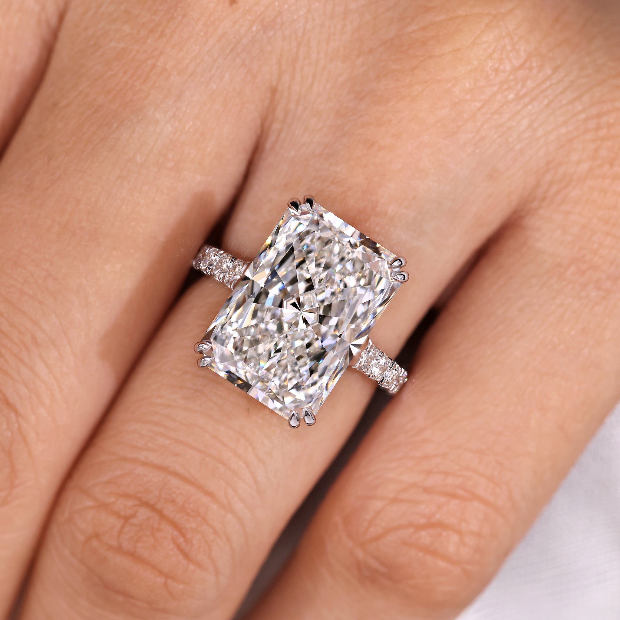 IGI Certified 10 - 12 Carat Radiant Cut Diamond Ring in Trellis Setting