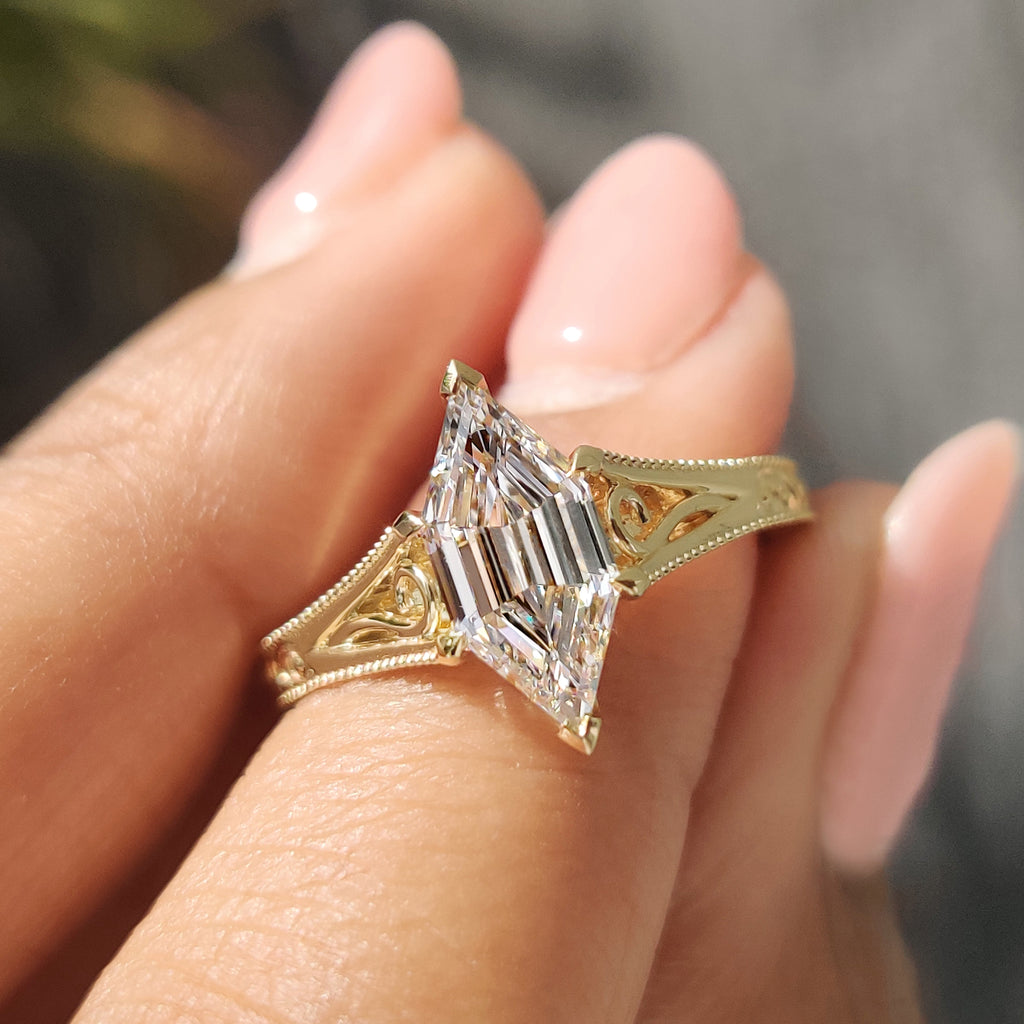 Hexagon Step Solitaire Diamond Ring In Milgrain Details