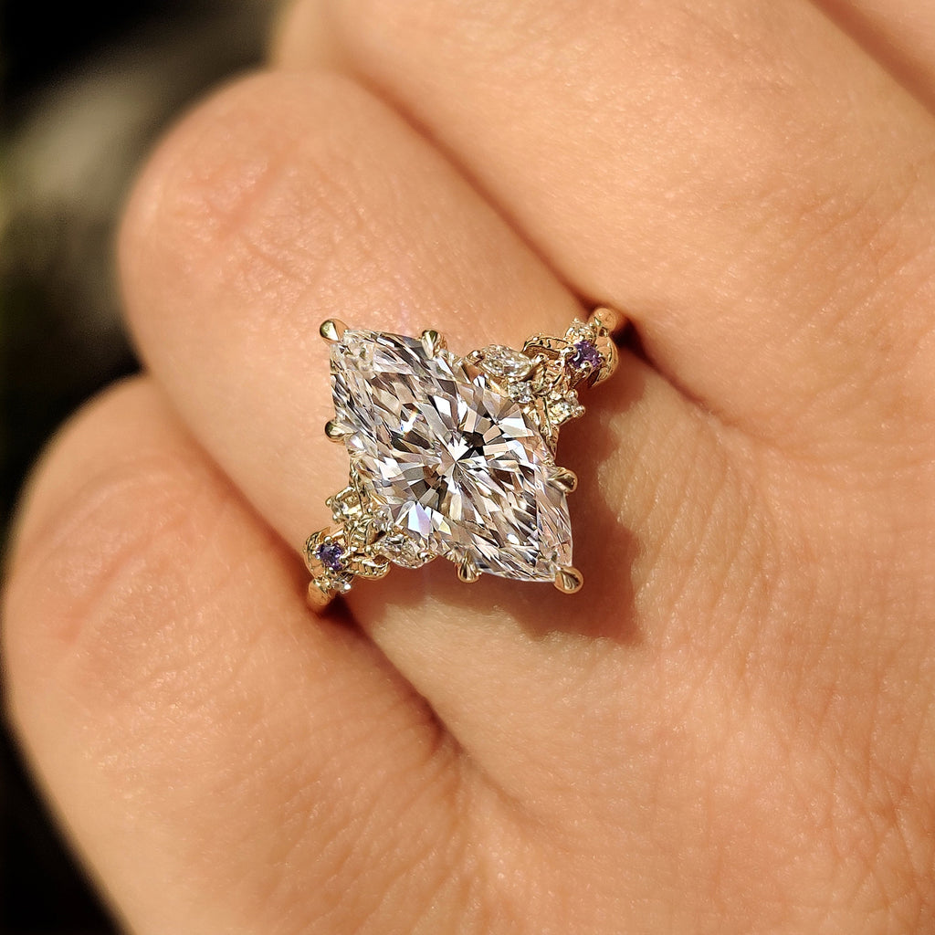 Marquise Diamond Ring in Nature Inspired Style with Amethyst Gemstone