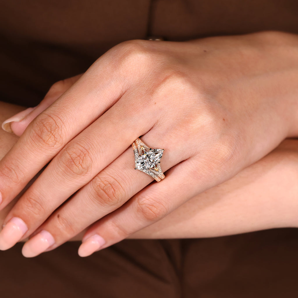 Vintage Marquise Engagement Ring Set with Curved Wedding Band