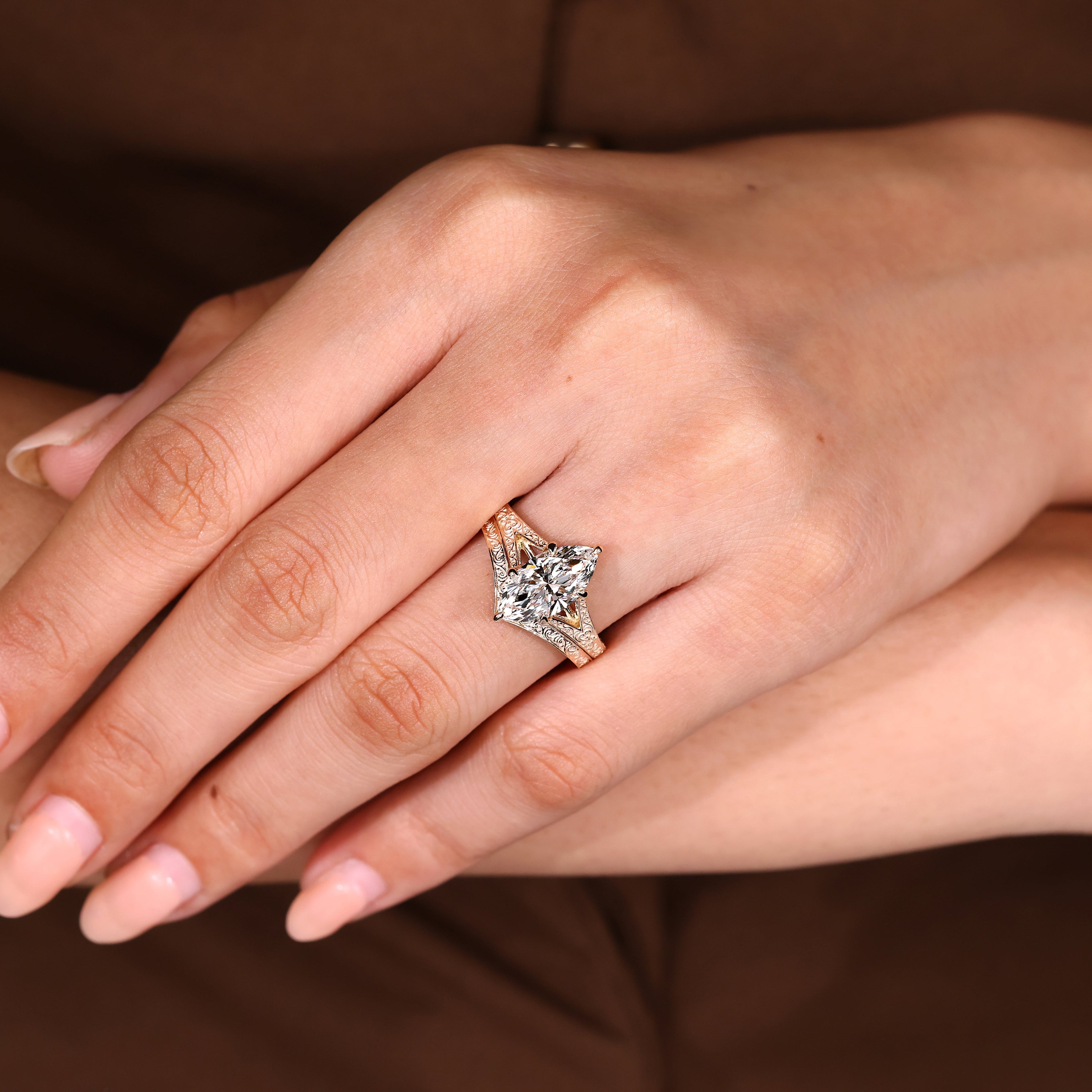 Vintage Marquise Engagement Ring Set with Curved Wedding Band