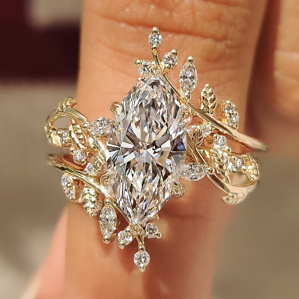 Marquise Engagement Ring With Wedding Band In Nature Inspired Style