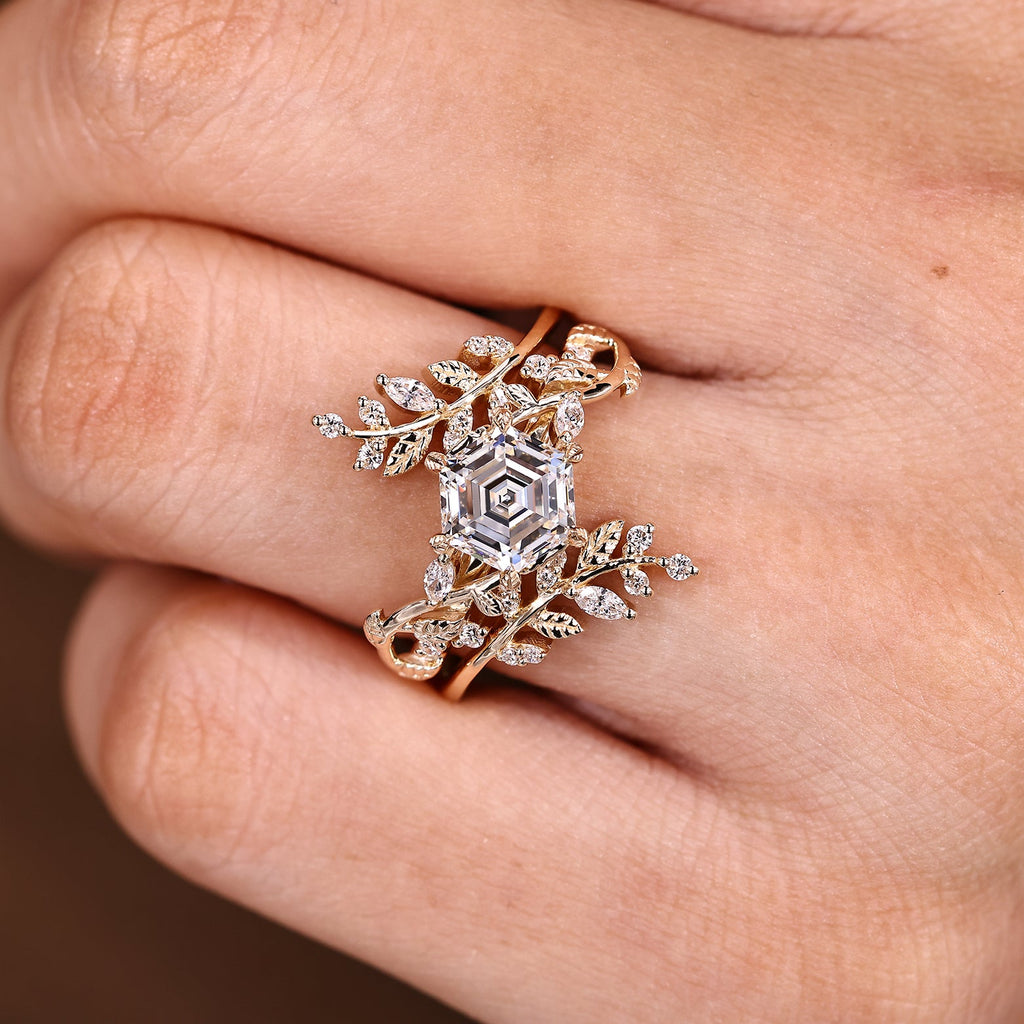 Hexagon Engagement Ring With Wedding Band In Nature Inspired Style