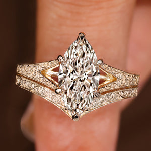 Vintage Marquise Engagement Ring Set with Curved Wedding Band