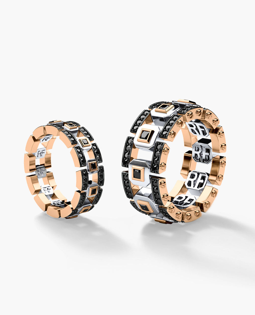 LA PAZ Two-Tone Gold Matching Black Diamond Wedding Band Set