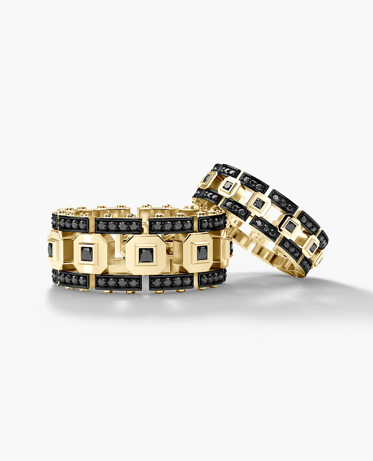 LA PAZ Gold Matching Black Diamond Wedding Band Set