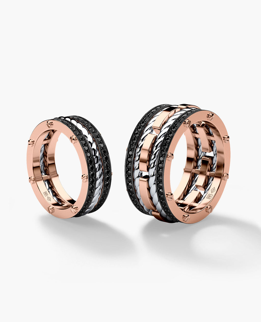 ROPES Two-Tone Gold Matching Black Diamond Wedding Band Set