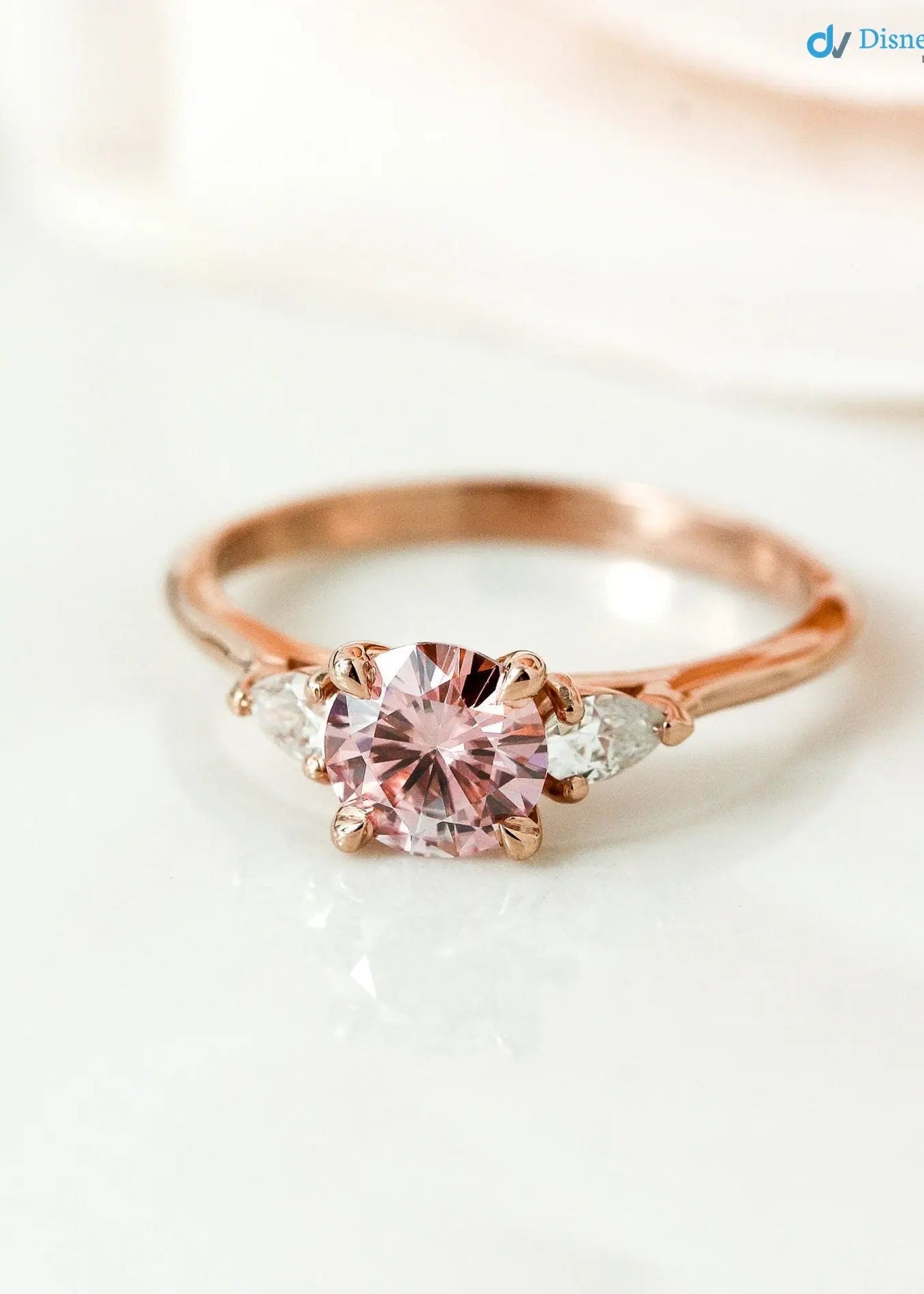 Round Brilliant Cut Peachy Pink lab grown 3 Stone wedding Ring - DisneyValley Main image