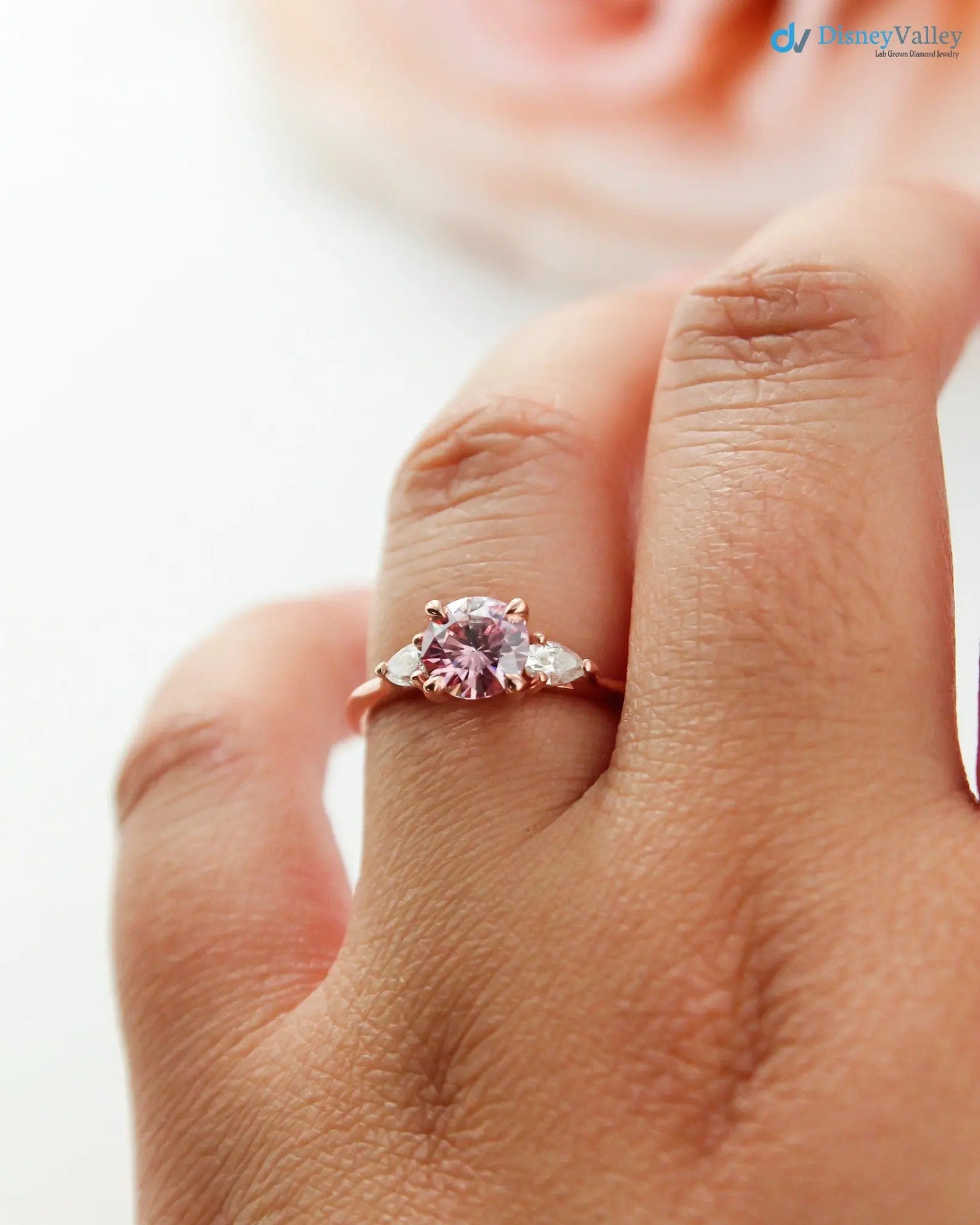 Round Brilliant Cut Peachy Pink lab grown 3 Stone wedding Ring - DisneyValley