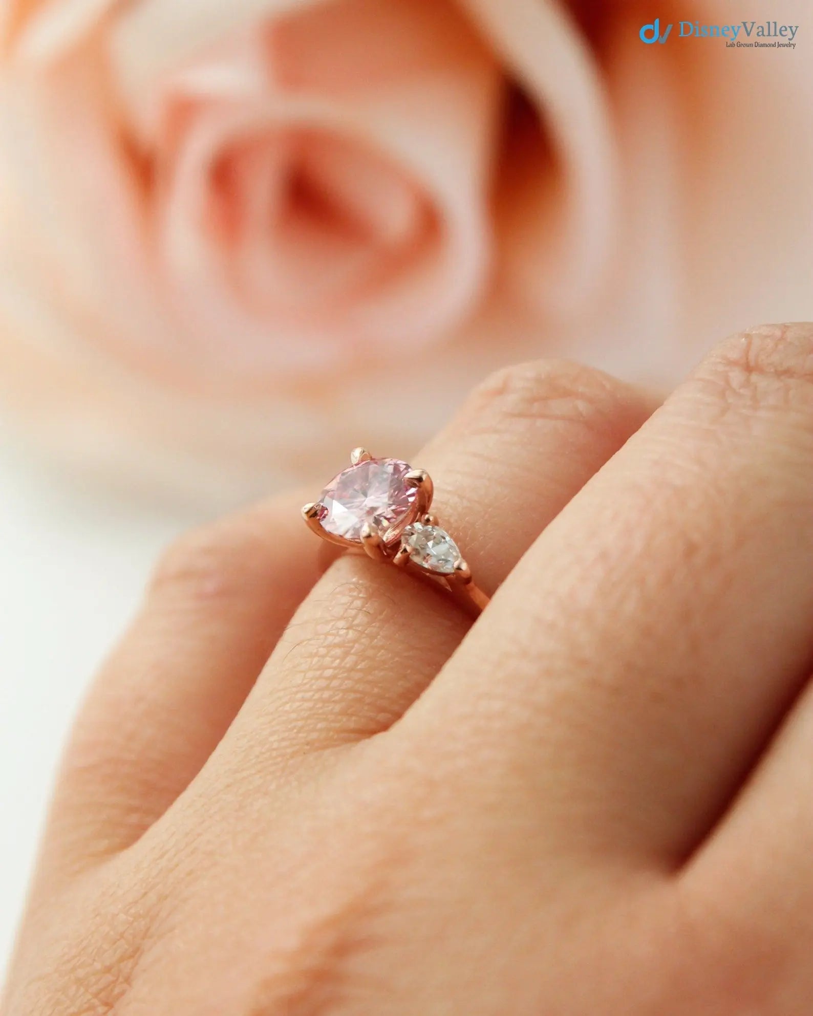 Round Brilliant Cut Peachy Pink lab grown 3 Stone wedding Ring - DisneyValley