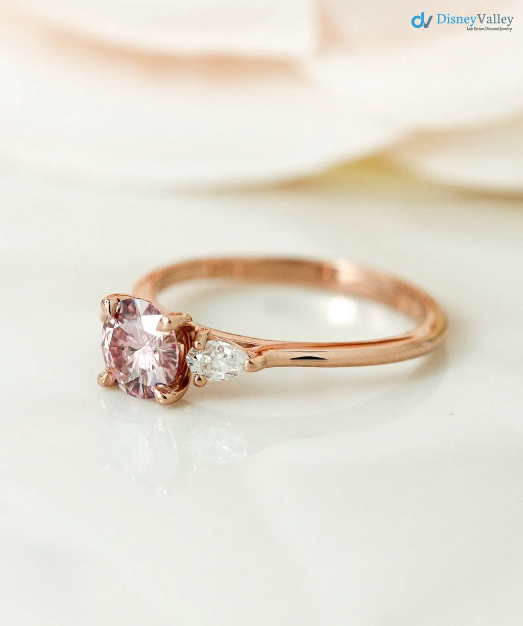 Round Brilliant Cut Peachy Pink lab grown 3 Stone wedding Ring - DisneyValley